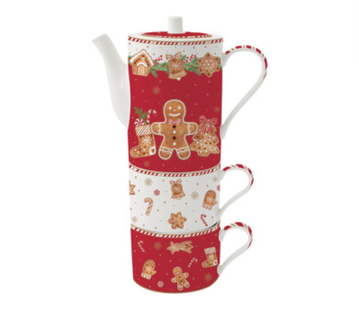 Kerst servies Gingerbread theepot met 2 kopjes